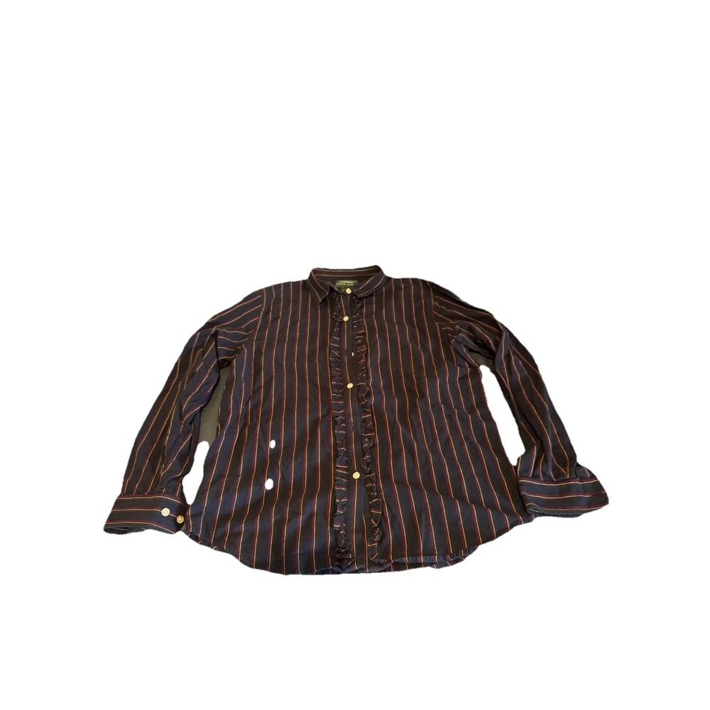 LAUREN RALPH LAUREN Ruffle Front Plaid Shirt Size M Green Label‎